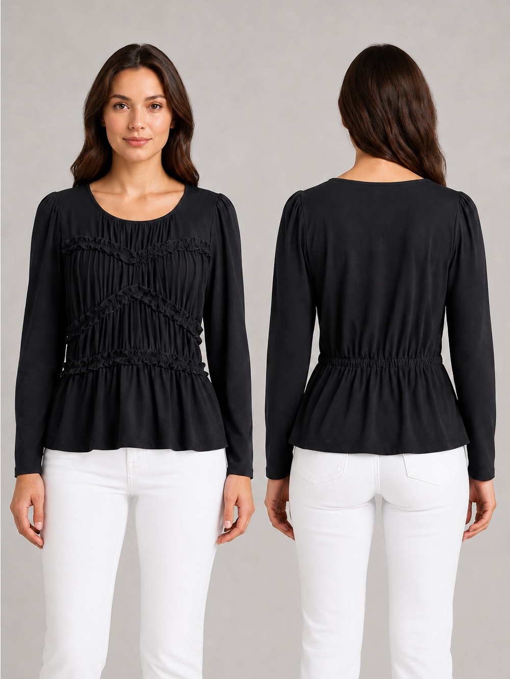 Ruched Peplum Long-Sleeve Blouse in Black